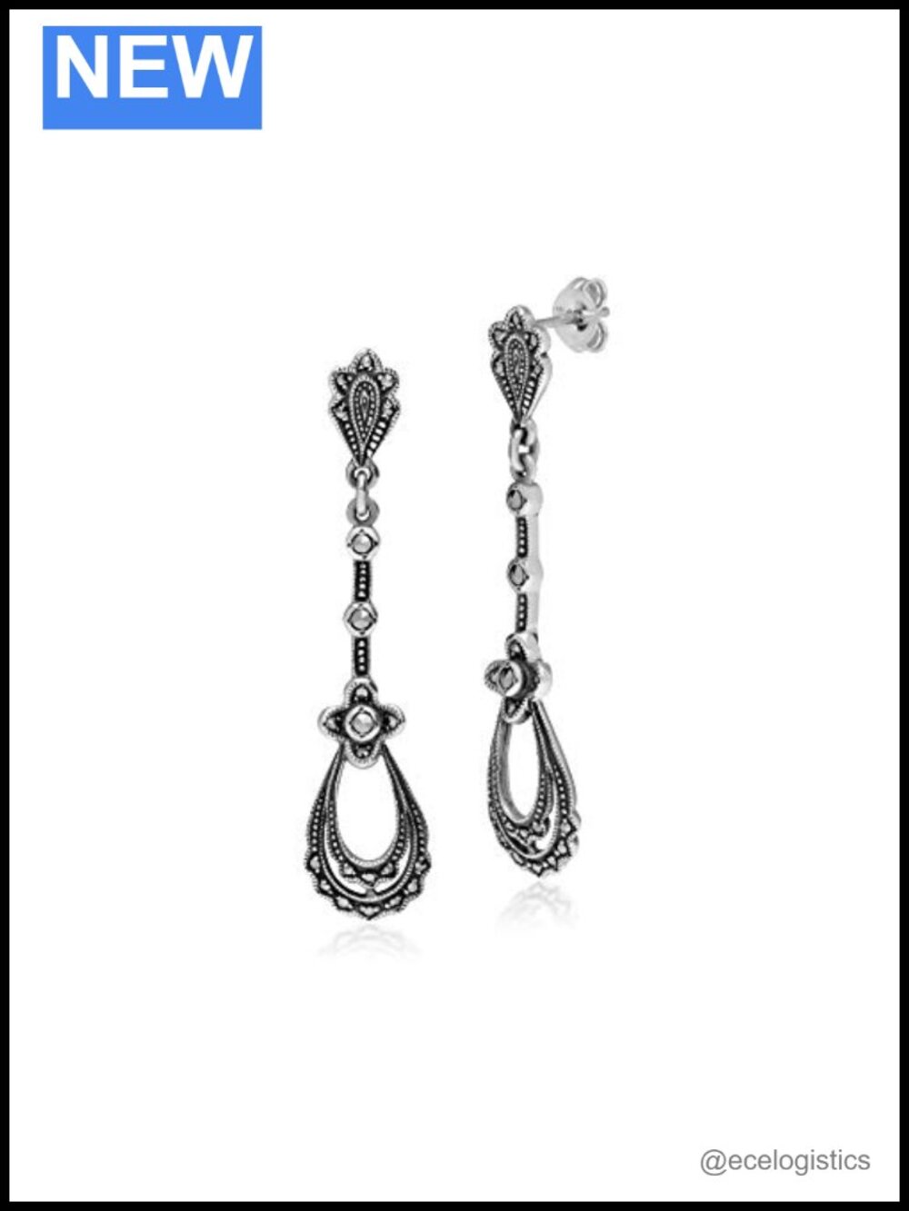 Sterling Silver Marcasite Art Nouveau Lace Chandelier Drop Earrings 925